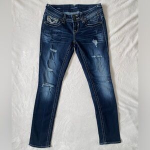 3/4 Vigoss Dark Blue Stretchy Distressed Boyfriend Jeans & Embroidered Pockets